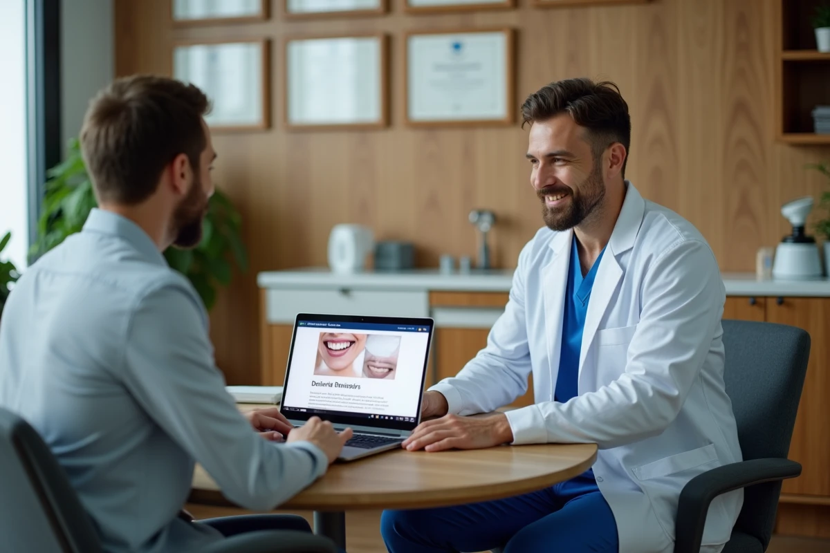 Dentiste et patient consultant ensemble un blog dentaire pour expliquer les soins et réduire l'anxiété
