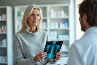 Femme tenant d'anciennes radiographies dans une pharmacie pour les déposer dans un point de collecte approprié