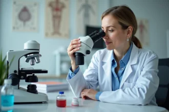 Portrait d'une dermatopathologue examinant une lame au microscope