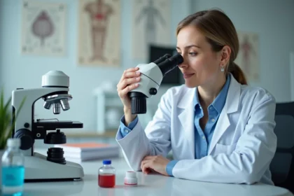 Portrait d'une dermatopathologue examinant une lame au microscope