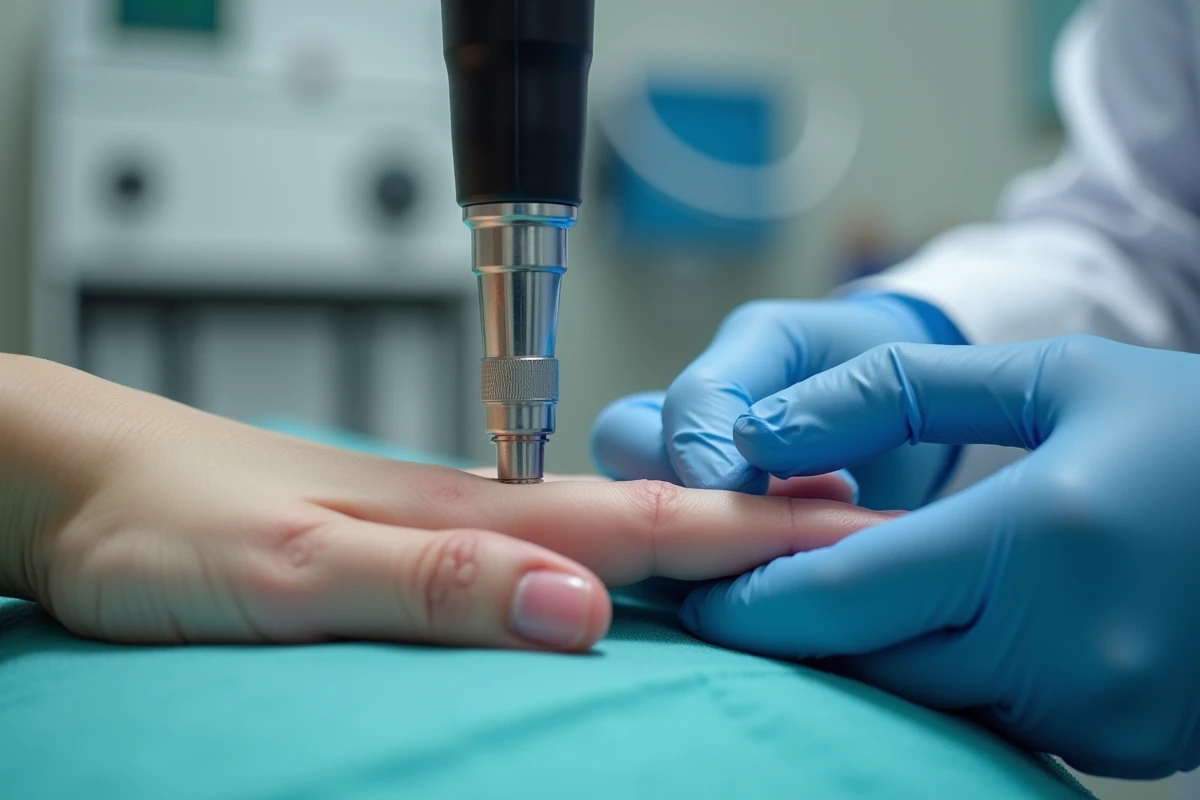 Dermatologue utilisant un dermatoscope pour analyser une lésion sous-unguéale sur la main d'un patient en consultation