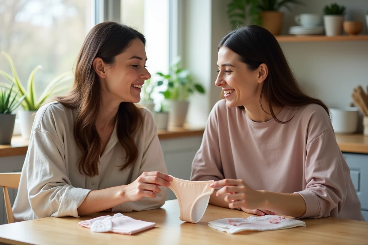 Deux femmes discutent de lingerie menstruelle à la cuisine