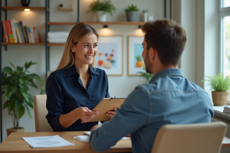 Femme dieteticienne souriante avec clipboard dans une clinique