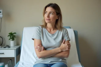 Femme tenant son aisselle gauche lors d'une consultation médicale, assise sur une table d'examen