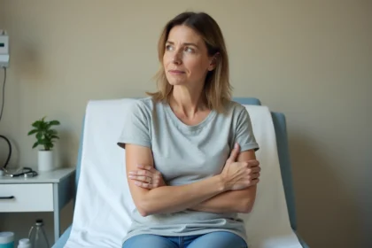 Femme tenant son aisselle gauche lors d'une consultation médicale, assise sur une table d'examen