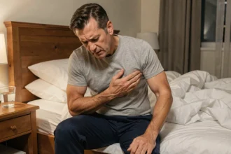 Homme adulte assis sur le bord d'un lit tenant sa cage thoracique en raison d'une douleur intercostale