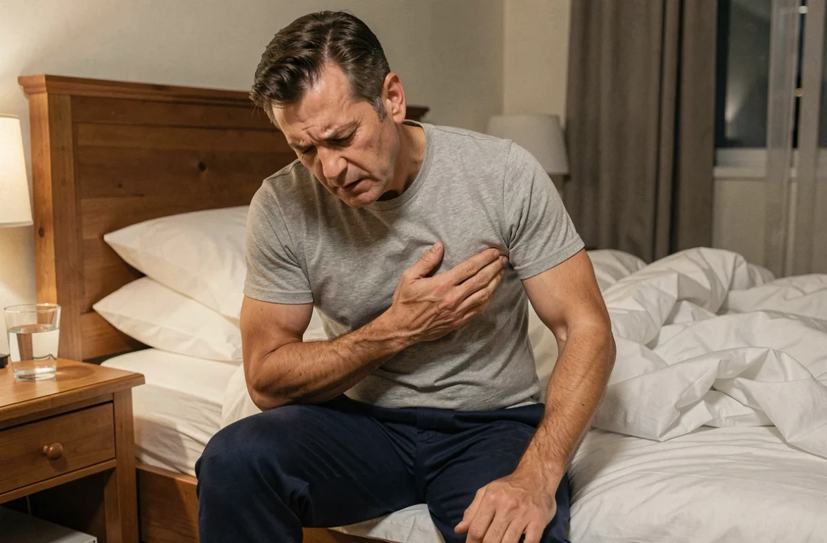 Homme adulte assis sur le bord d'un lit tenant sa cage thoracique en raison d'une douleur intercostale