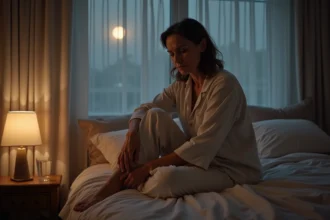 Femme d'âge moyen massant son mollet douloureux assise sur le bord d'un lit la nuit, illustrant les douleurs de jambes nocturnes