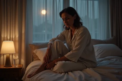 Femme d'âge moyen massant son mollet douloureux assise sur le bord d'un lit la nuit, illustrant les douleurs de jambes nocturnes