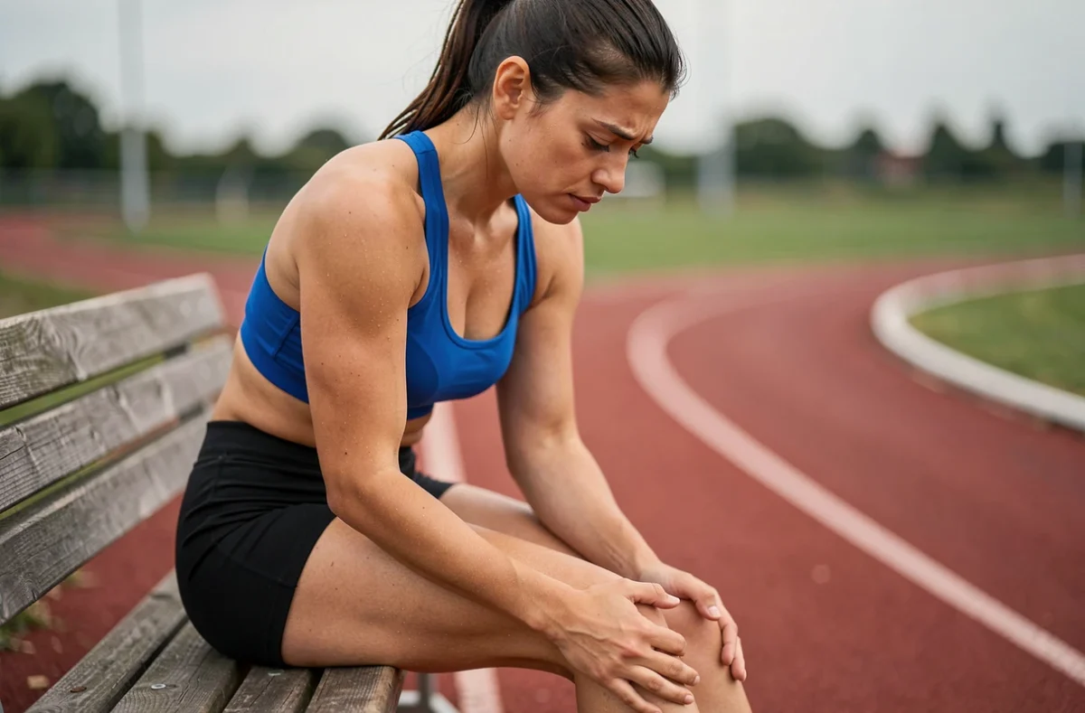 Coureuse massant son mollet douloureux après un entraînement en fractionné sur piste d'athlétisme