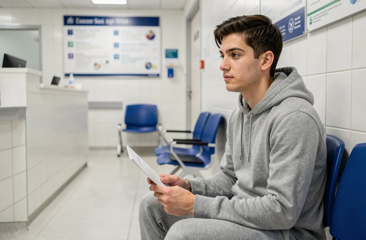 Étudiant étranger dans une salle d'attente hospitalière tenant ses documents d'assurance voyage