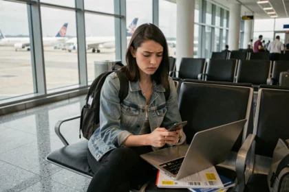 Étudiante à l'aéroport consultant son téléphone avant un voyage à l'étranger avec ses documents de voyage et son ordinateur portable