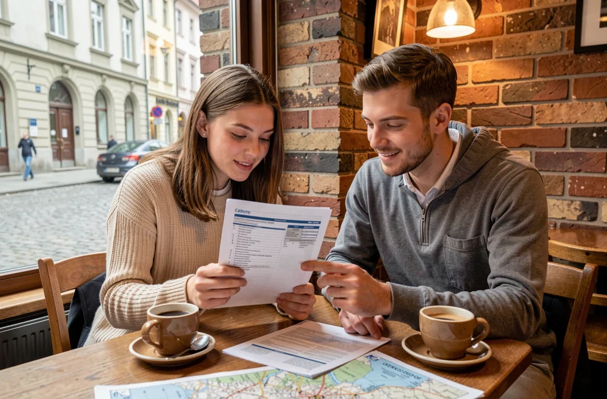 Deux étudiants dans un café européen examinant ensemble leur contrat d'assurance voyage étudiant