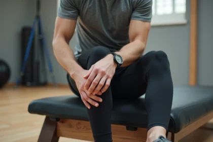 Coureur évaluant une contracture au mollet lors d'une séance de rééducation sportive en salle