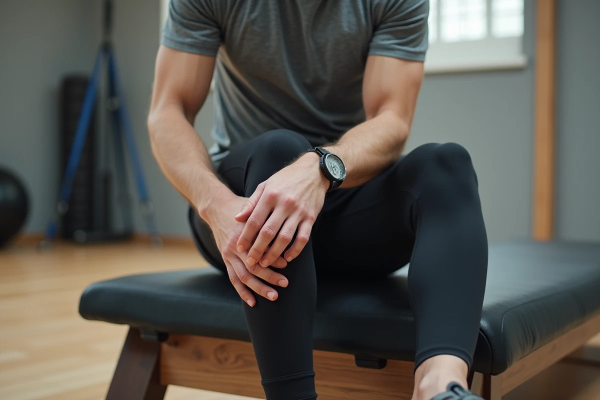Coureur évaluant une contracture au mollet lors d'une séance de rééducation sportive en salle