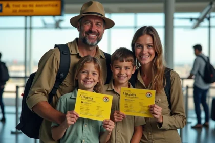 Famille souriante avec certificats de vaccination à l'aéroport