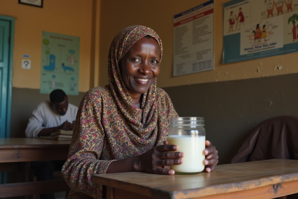 Femme africaine modeste remuant eau de riz dans une clinique