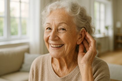 Femme agee souriante ajustant une aide auditive dans un salon lumineux