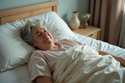 Femme agee allongee paisiblement dans son lit à la maison