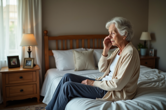 Femme agee assise sur le lit dans une chambre chaleureuse