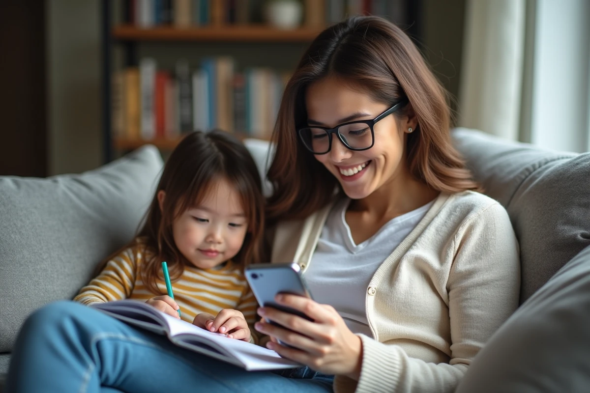 Femme souriante avec sa fille utilisant une application sur smartphone