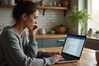 Femme consultant des avis sur un forum Facebook à propos du système Indiva sur son ordinateur portable dans une cuisine