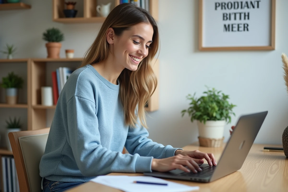 Femme travaillant à son bureau à la maison dans un cadre cosy