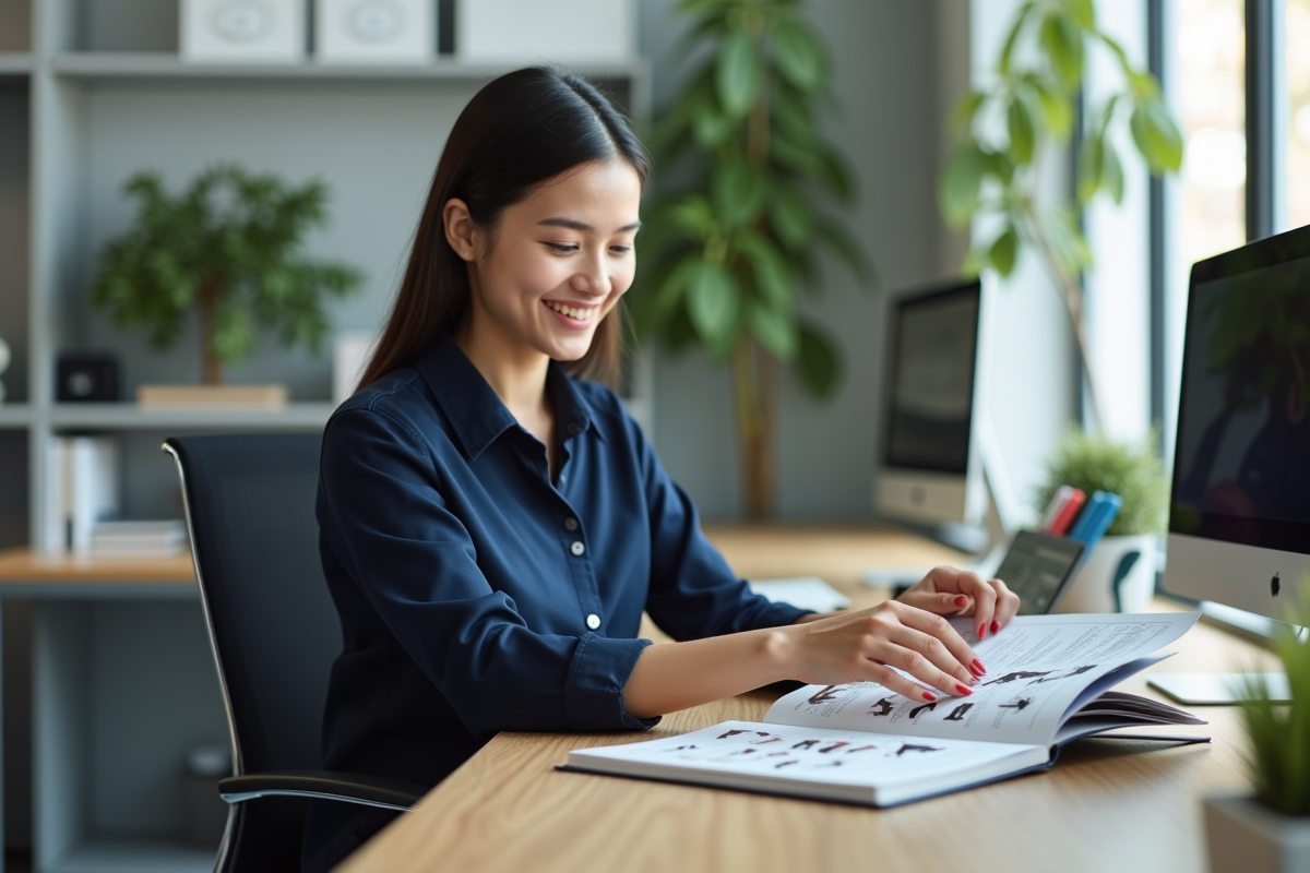 Jeune femme arrangeant accessoires ergonomiques au bureau