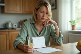 Femme tenant un verre d'eau devant un calendrier marquant un mois sans alcool pour la régénération du foie