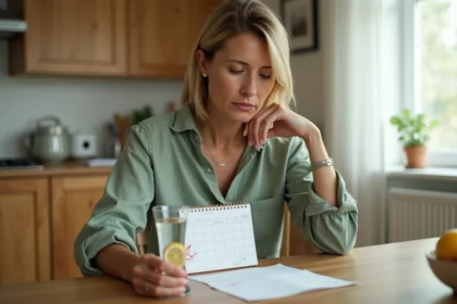 Femme tenant un verre d'eau devant un calendrier marquant un mois sans alcool pour la régénération du foie