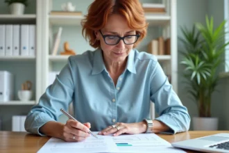 Femme consultant ses documents d'assurance santé Groupama à son bureau pour réduire son reste à charge