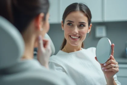 Femme en consultation dentaire examinant ses dents jaunies dans un miroir dans un cabinet moderne