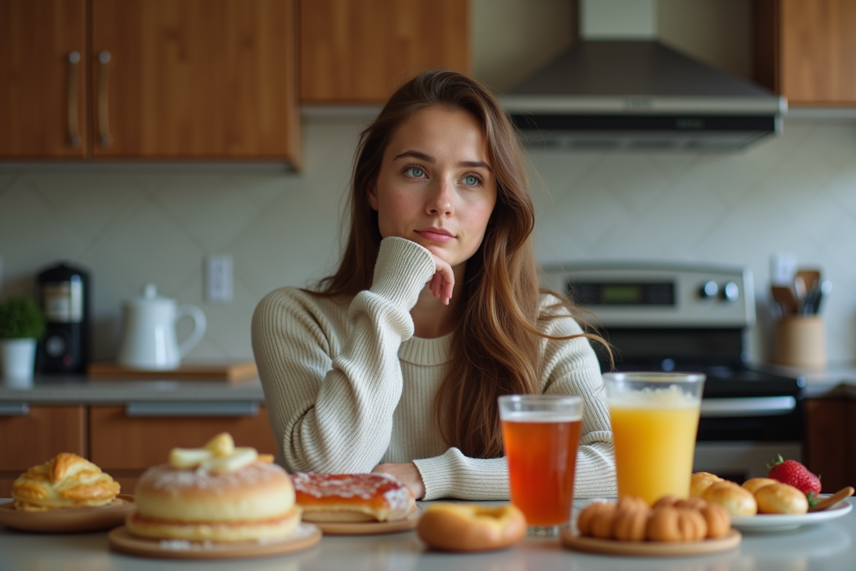 Jeune femme en jeans et pull regarde pensivement la nourriture