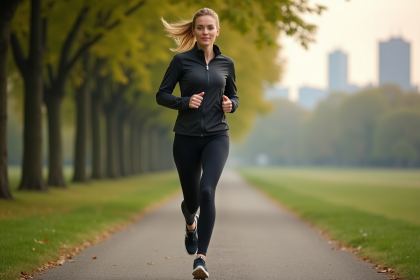 Femme courant dans un parc urbain au matin