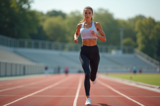 Femme sportive en pleine course sur une piste d'athlétisme