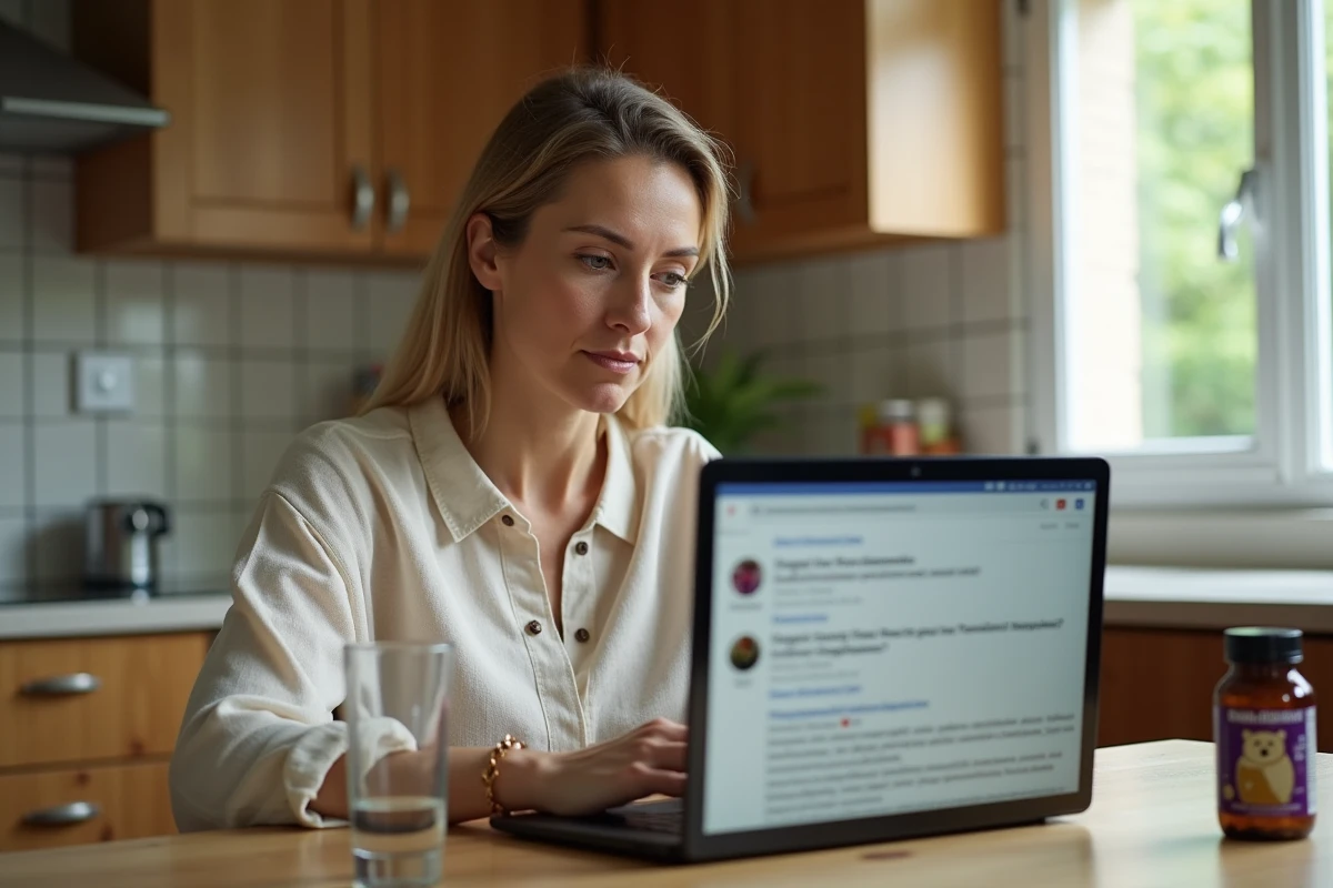 Femme à la cuisine comparant les avis positifs et négatifs de Bears with benefits sur un ordinateur portable