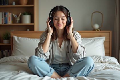 Femme calme avec casque dans une chambre cosy