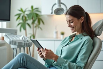 Femme détendue dans un fauteuil dentaire lisant un blog santé sur une tablette pour surmonter sa peur du dentiste