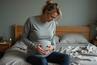 Femme d'âge moyen se tenant le ventre avec douleur dans la chambre