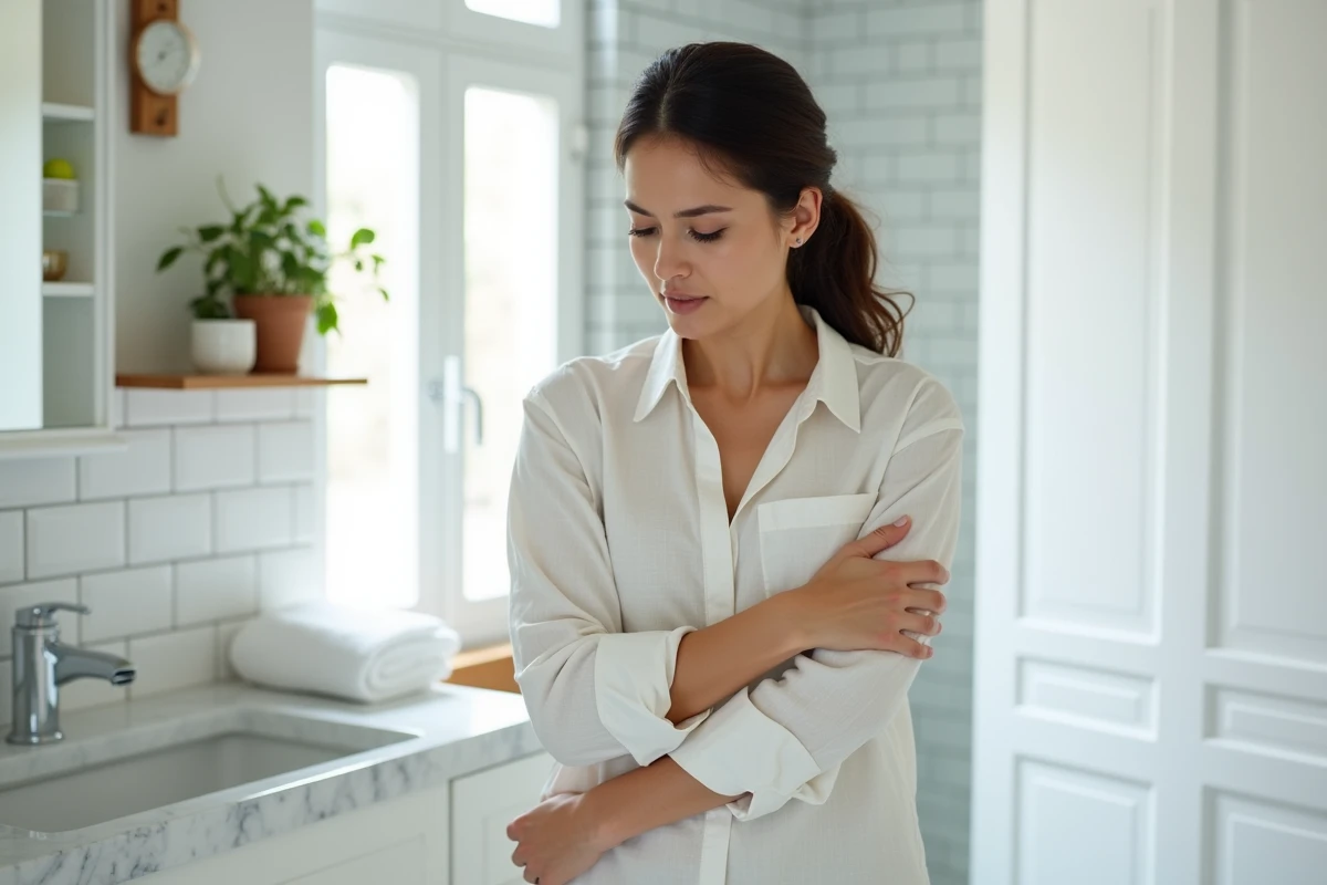 Femme inspectant son aisselle gauche devant un miroir de salle de bain, expression préoccupée