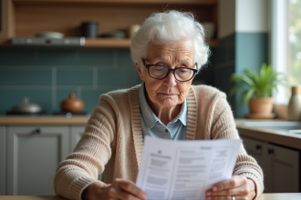 Femme âgée lisant une notice de vaccin dans sa cuisine