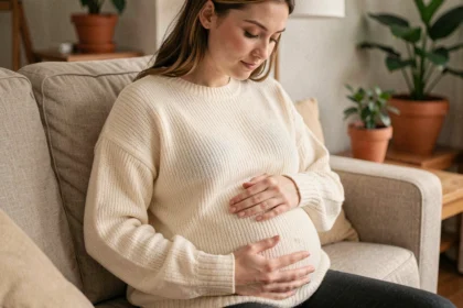 Jeune femme enceinte de 5 semaines tenant son ventre avec tendresse dans un salon cosy, début de grossesse