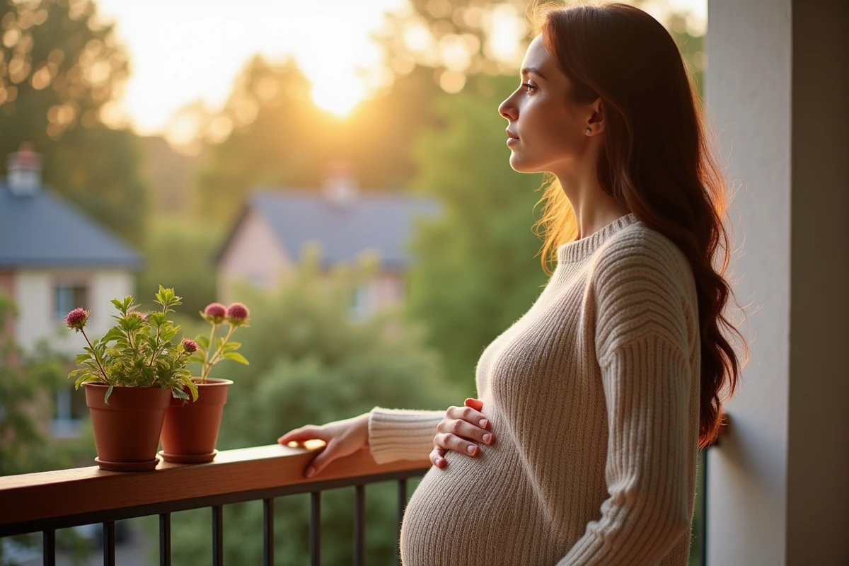 Jeune femme enceinte regardant par la balcon avec un ventre rond