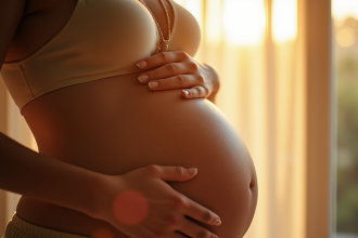 Femme enceinte tenant une bola contre son ventre dans la lumière