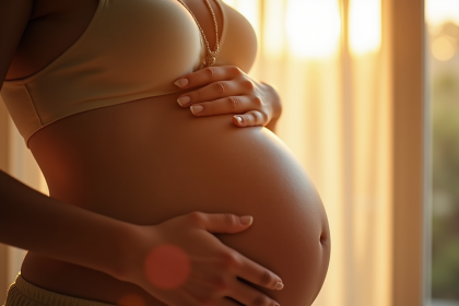 Femme enceinte tenant une bola contre son ventre dans la lumière