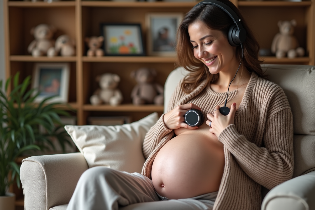 Femme enceinte souriante tenant ses écouteurs sur le ventre