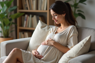 Femme enceinte assise sur un canapé dans un salon chaleureux