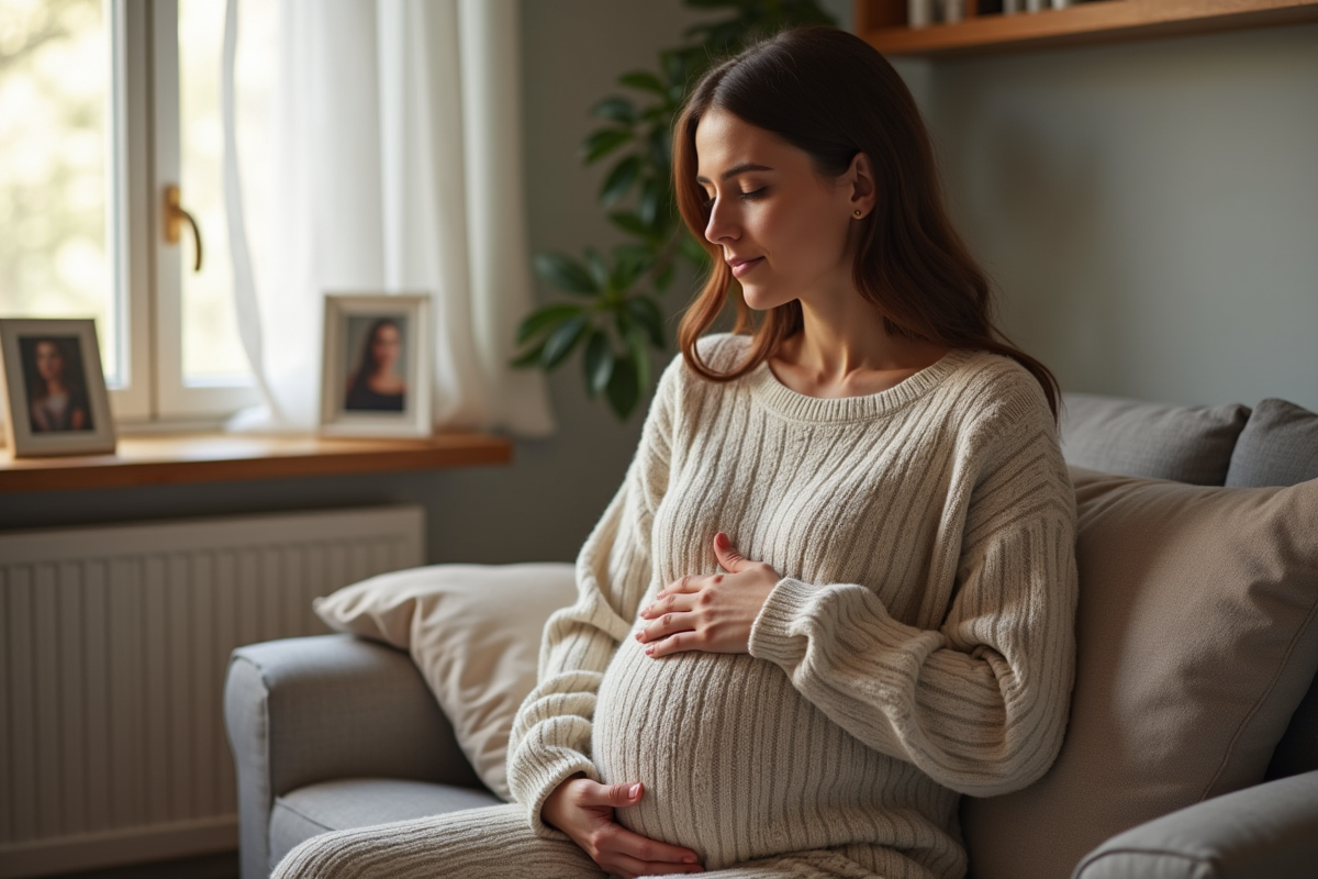 Femme enceinte détendue dans son salon cosy