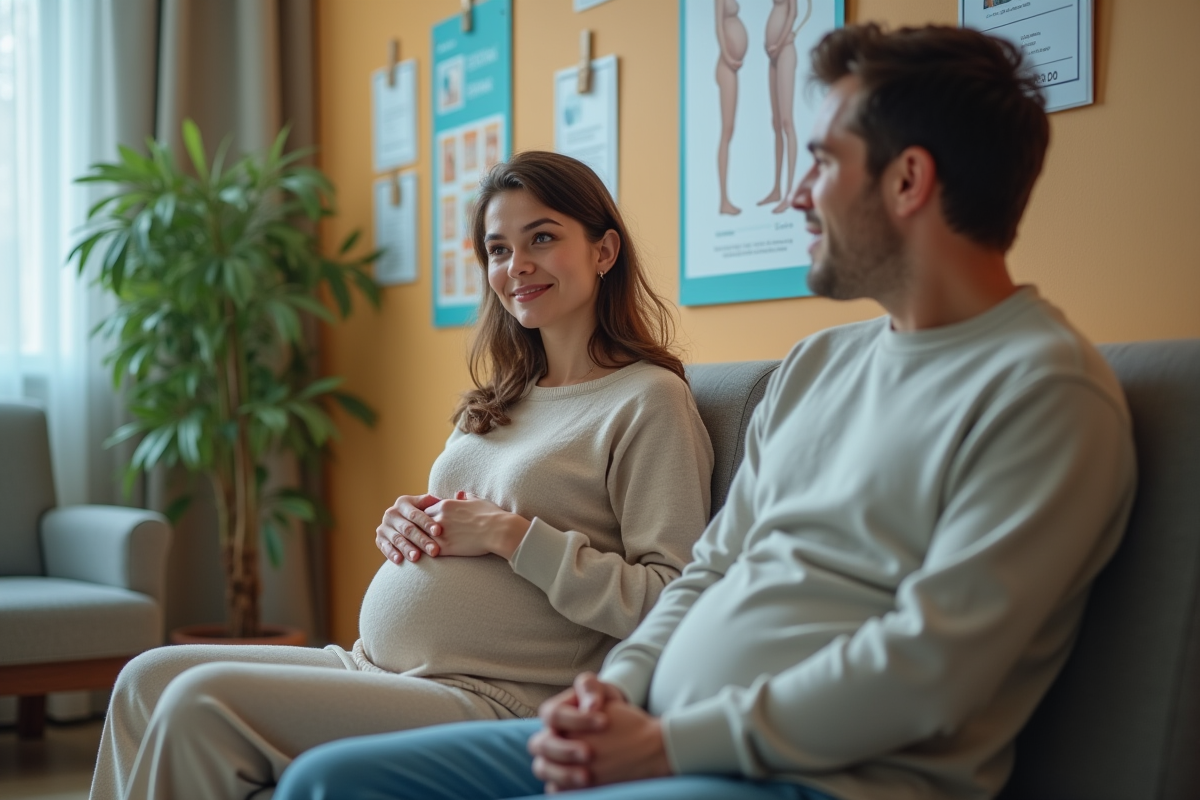 Femme enceinte avec son partenaire dans la salle d'attente