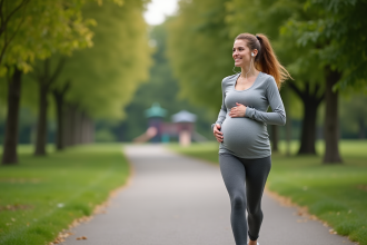Femme enceinte faisant du jogging dans un parc verdoyant